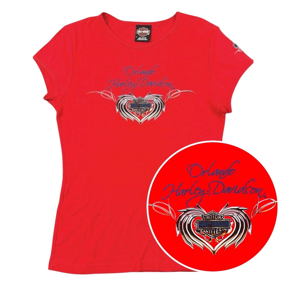 Harley-Davidson Orlando Florida Womens T-Shirt Medium Red Heart Wings Y2K‎ Biker